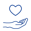 Icoon van een hand met daarboven een hart, wat zorg symboliseert.