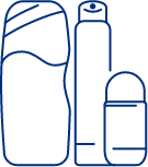 Icoon van drie cosmetica verpakkingen: een fles, een spray en een roller.