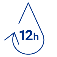 Pictogram van een waterdruppel met "12h", symbool voor 12 uur hydratatie.