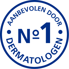 Blauw, rond zegel met de tekst: 'Aanbevolen door dermatologen' en in het midden 'Nº1'.