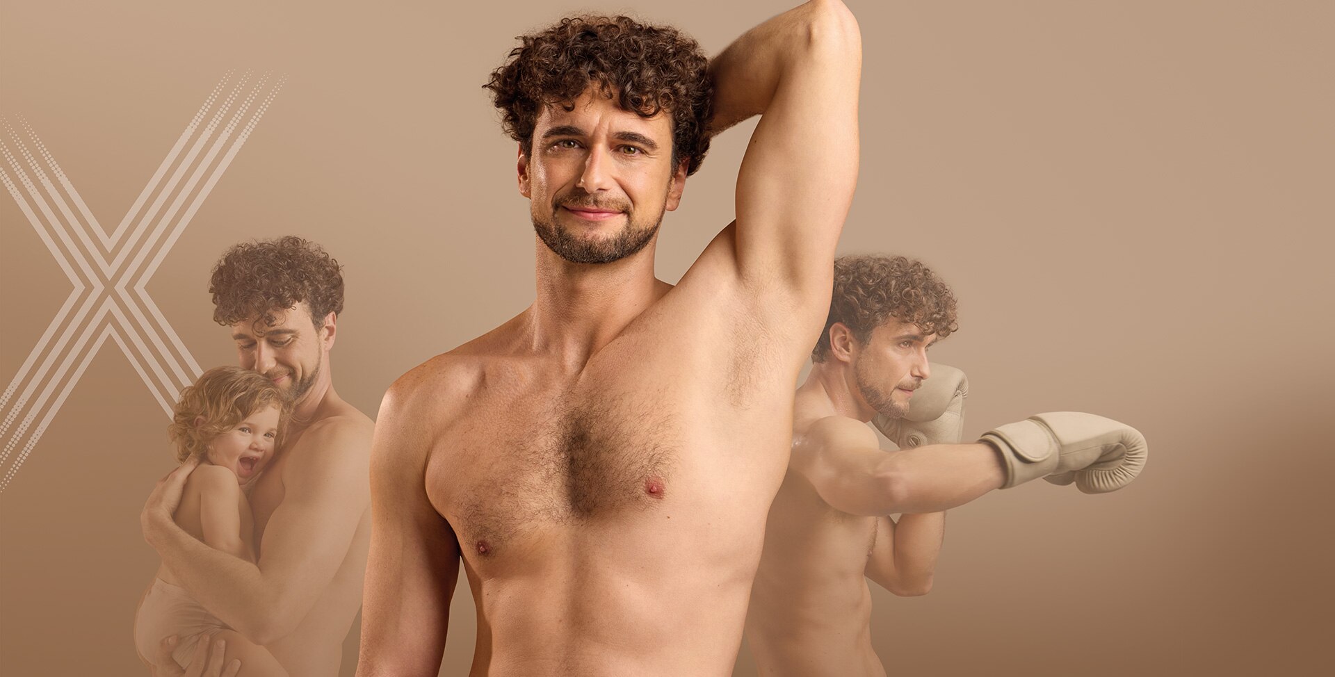 image d'un homme avec le bras levé montrant son aisselle et derrière lui, l'image de lui-même soulevant un bébé et boxant