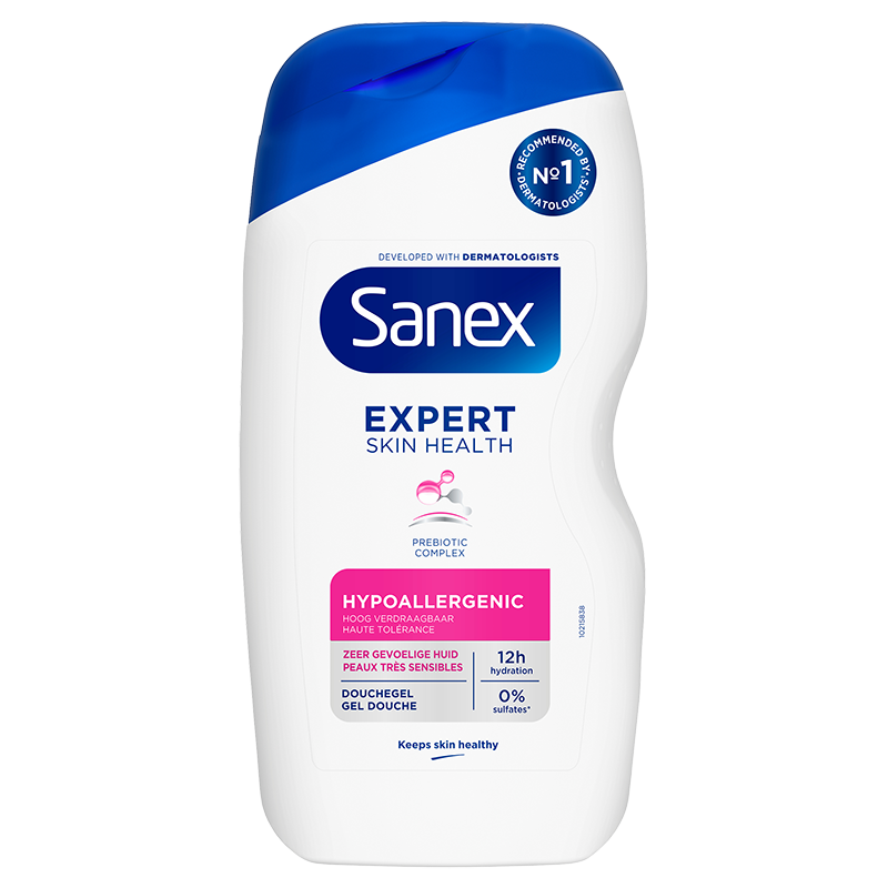 Productfoto van een fles Sanex Expert Skin Health douchegel, de roze variant voor de zeer gevoelige en hypoallergene huid.