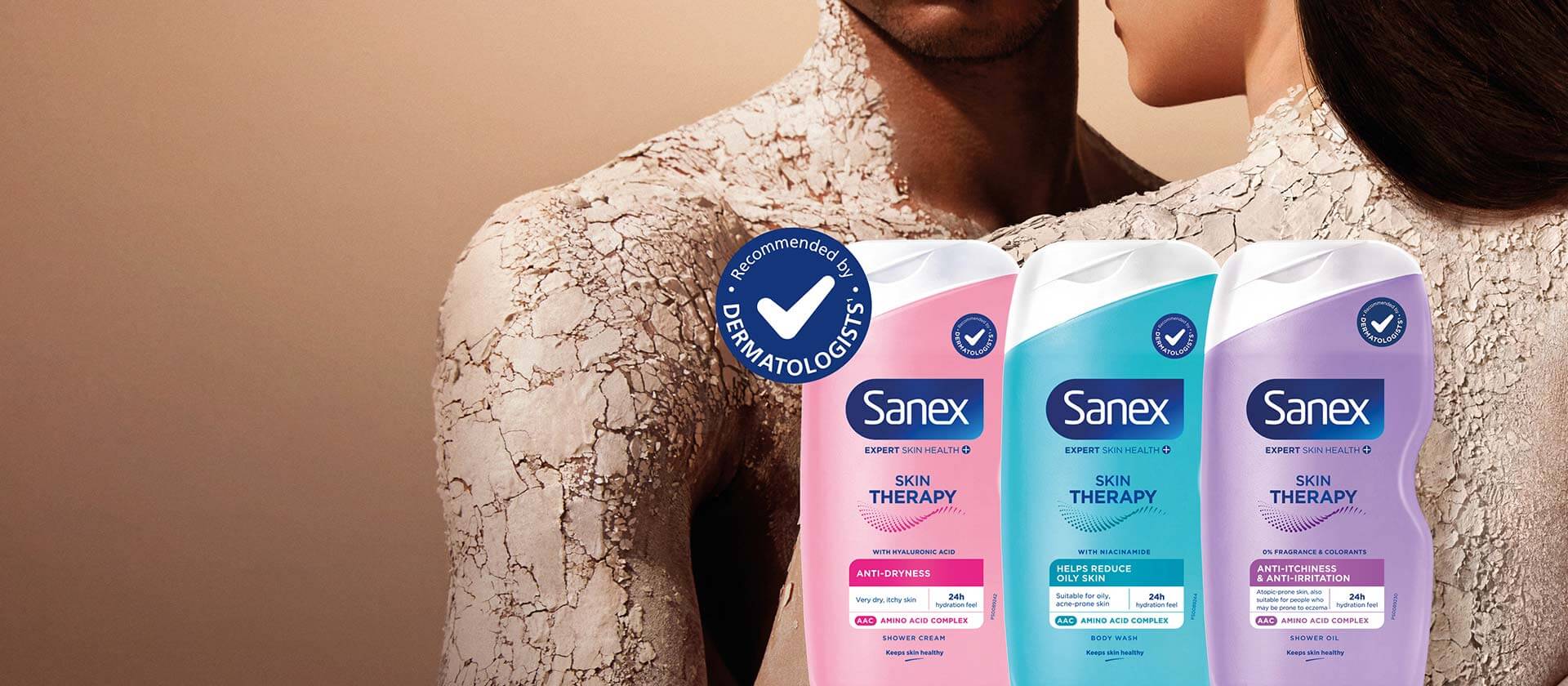 grafisch stuk van twee mensen met Sanex huidtherapieproducten op de voorkant